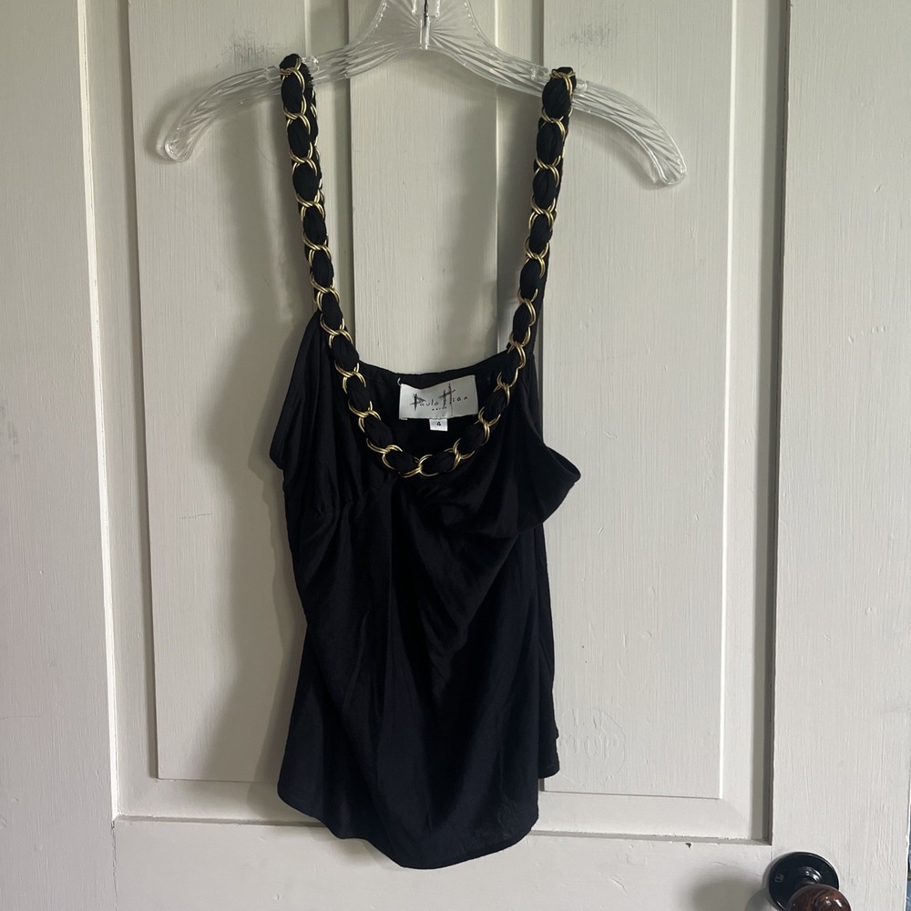 Gold Chain Strap Cami Camisole Top Color Black SZ 4 Party 90s Paris Basic